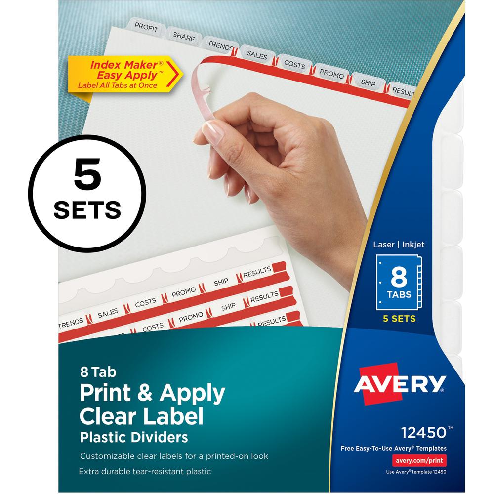 Avery&reg; Index Maker Index Divider - 40 x Divider(s) - 8 - 8 Tab(s)/Set - 8.5" Divider Width x 11" Divider Length - 3 Hole Punched - Translucent Plastic Divider - Frosted Clear Plastic Tab(s) - 1. Picture 1