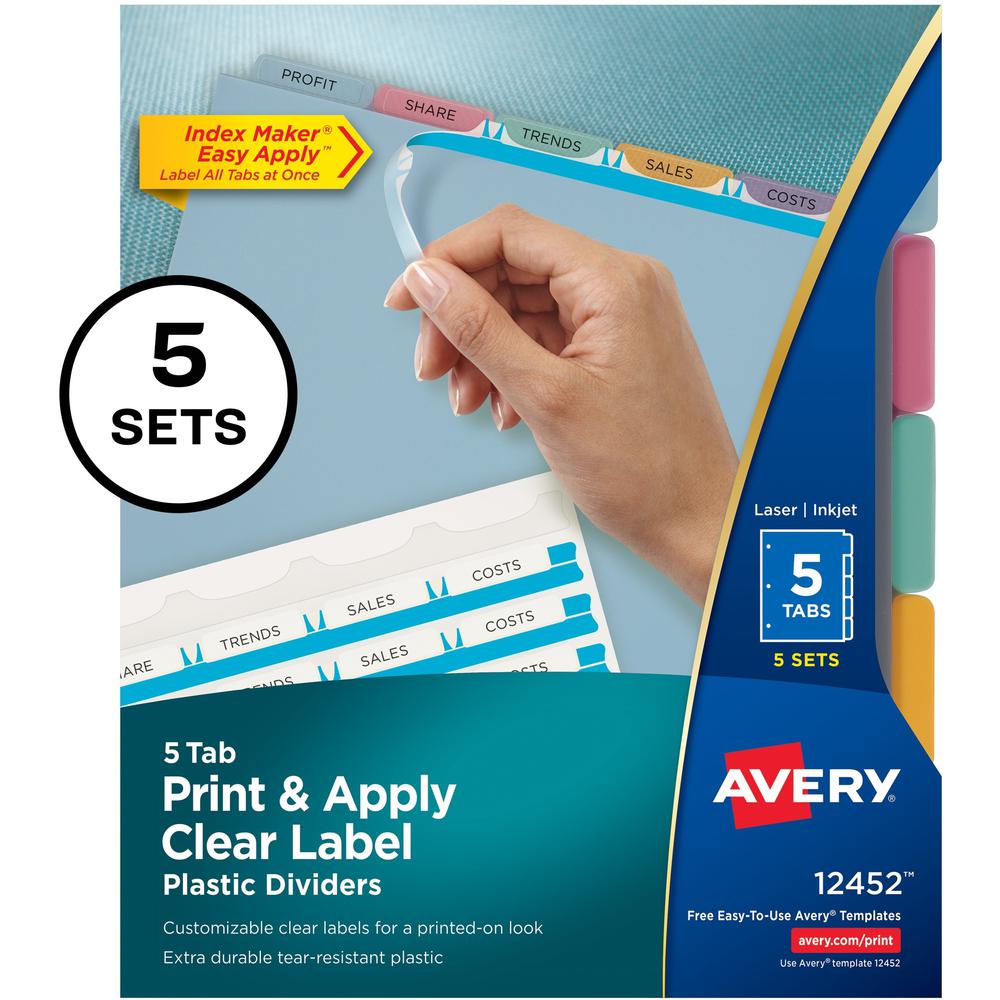 Avery&reg; Index Maker Index Divider - 25 x Divider(s) - Print-on Tab(s) - 5 - 5 Tab(s)/Set - 8.5" Divider Width x 11" Divider Length - 3 Hole Punched - Translucent Plastic Divider - Multicolor Plasti. Picture 1