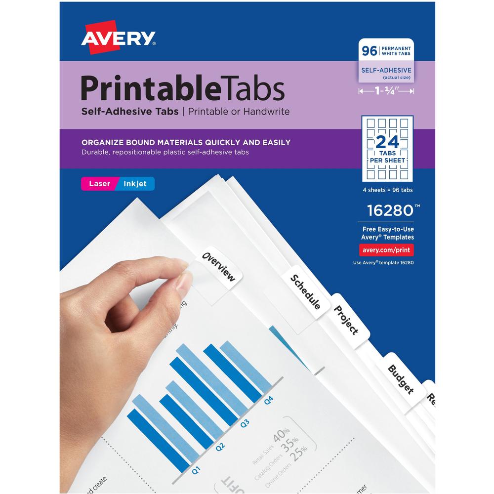 Avery&reg; Printable Repositionable Tabs - 96 Tab(s)1.25" Tab Width - Permanent - Paper Divider - White Paper Tab(s) - 96 / Pack. The main picture.