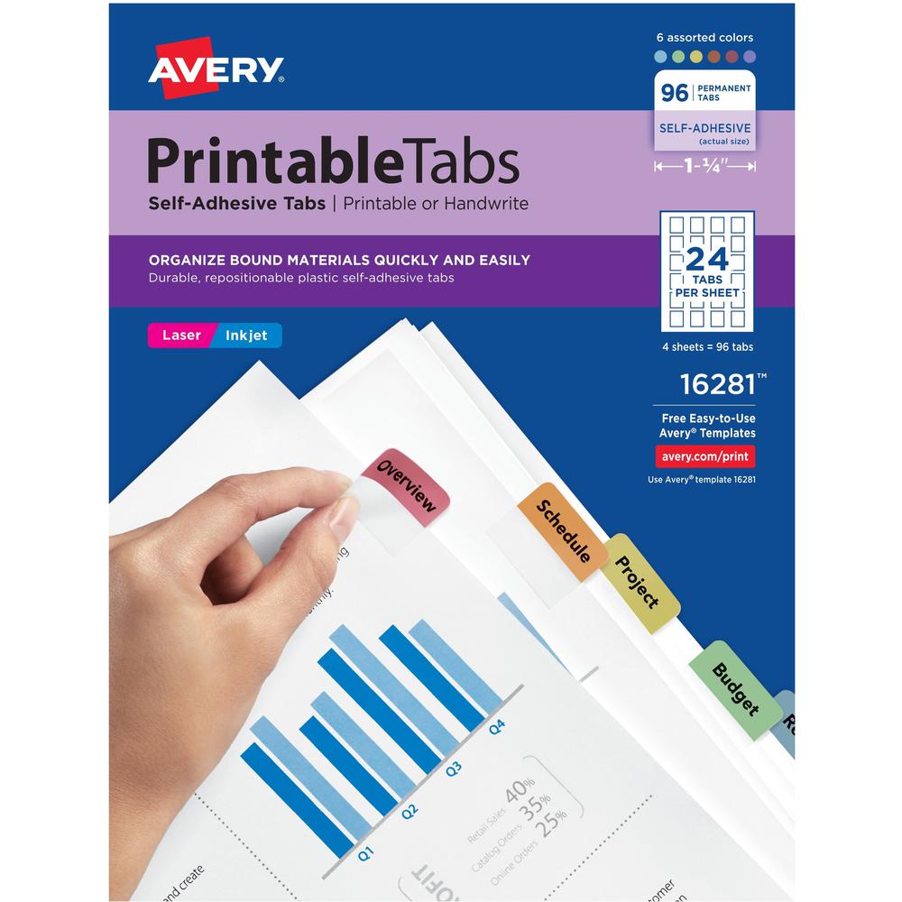 Avery&reg; Printable Repositionable Tabs - 96 Tab(s)1.25" Tab Width - Permanent - Paper Divider - Assorted Paper Tab(s) - 96 / Pack. Picture 1