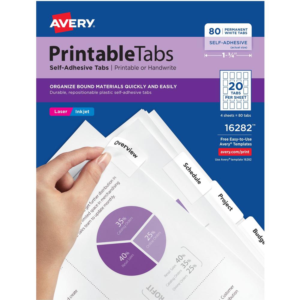 Avery&reg; Printable Repositionable Tabs - 80 Tab(s)1.75" Tab Width - Permanent - Paper Divider - White Paper Tab(s) - 80 / Pack. Picture 1