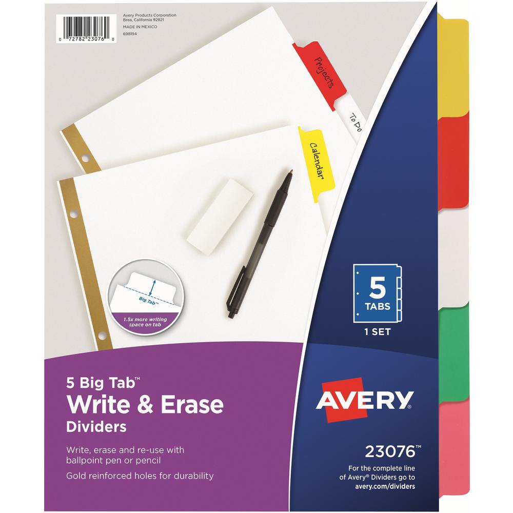 Avery&reg; Big Tab Write & Erase Dividers - 5 x Divider(s) - 5 Write-on Tab(s) - 5 - 5 Tab(s)/Set - 8.5" Divider Width x 11" Divider Length - 3 Hole Punched - White Paper Divider - Multicolor Paper Ta. Picture 1