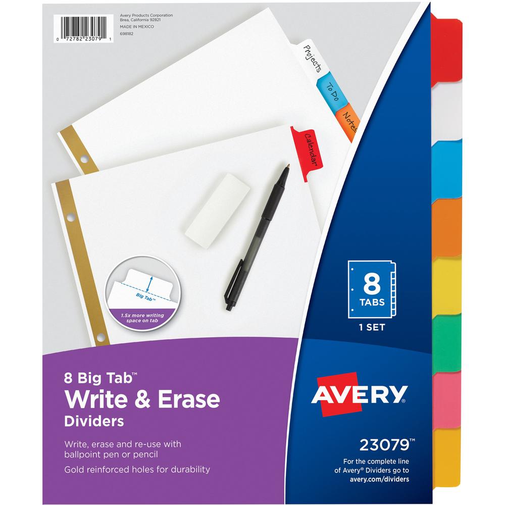 Avery&reg; Big Tab Write & Erase Dividers - 8 x Divider(s) - 8 Write-on Tab(s) - 8 - 8 Tab(s)/Set - 8.5" Divider Width x 11" Divider Length - 3 Hole Punched - White Paper Divider - Multicolor Paper Ta. The main picture.