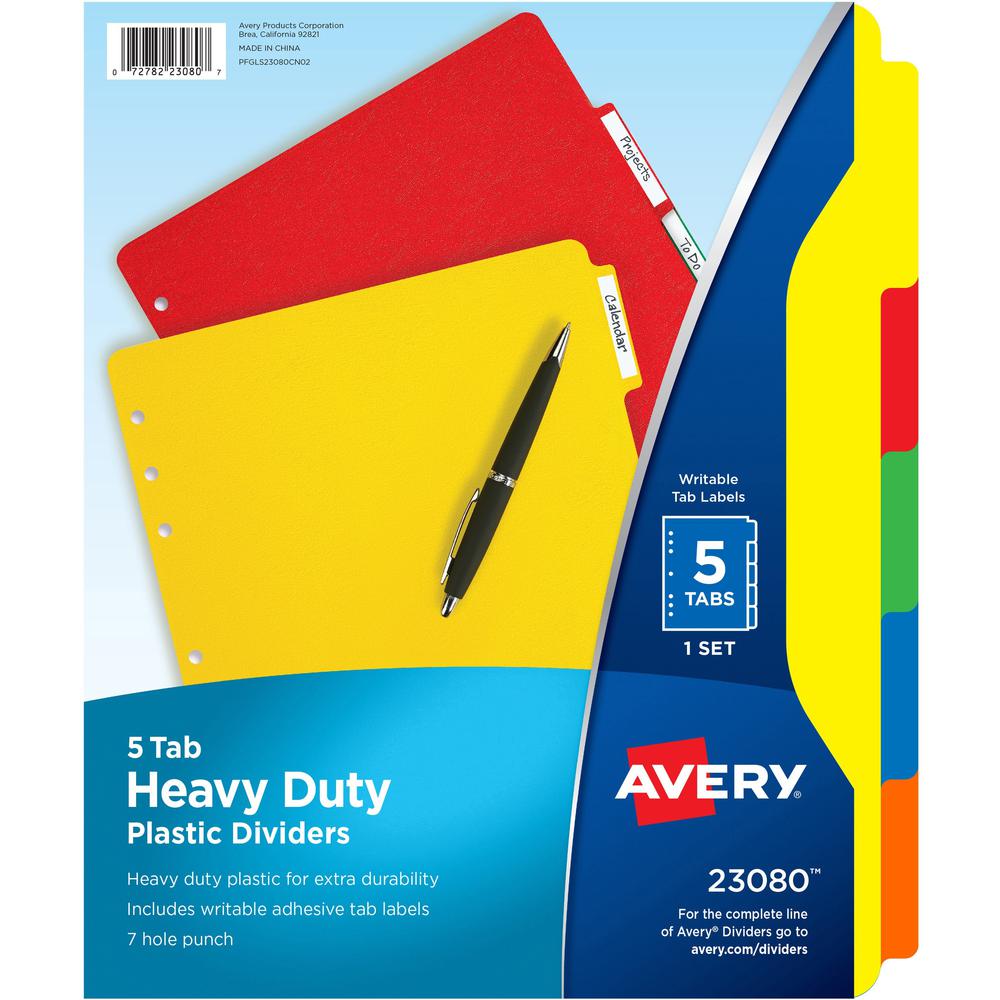 Avery&reg; Plastic Tab Dividers w/ White Labels - 5 x Divider(s) - 5 Tab(s) - 5 - 5 Tab(s)/Set - 8.5" Divider Width x 11" Divider Length - 7 Hole Punched - Self-adhesive - Multicolor Plastic Divider -. The main picture.