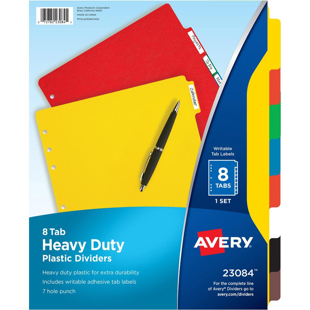 Avery&reg; Plastic Tab Dividers w/ White Labels - 8 x Divider(s) - 8 Tab(s) - 8 - 8 Tab(s)/Set - 8.5" Divider Width x 11" Divider Length - 7 Hole Punched - Self-adhesive - Multicolor Plastic Divider -. Picture 1