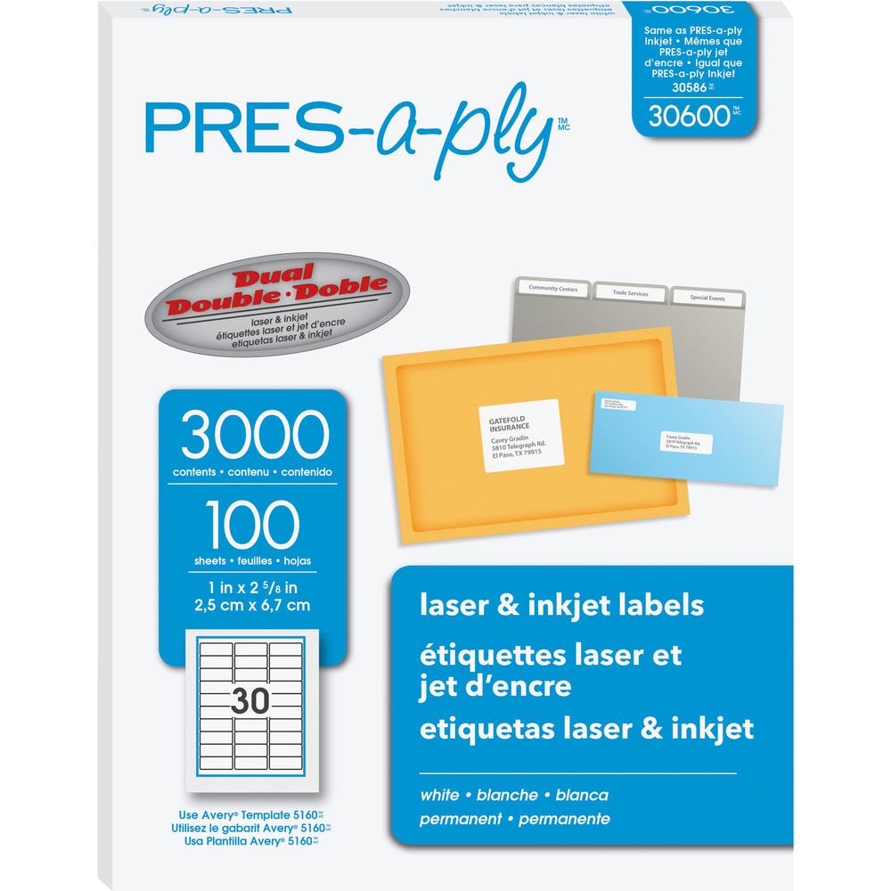 PRES-a-ply Labels - 1" Width x 2 5/8" Length - Permanent Adhesive - Rectangle - Laser, Inkjet - White - 3000 / Box. Picture 1