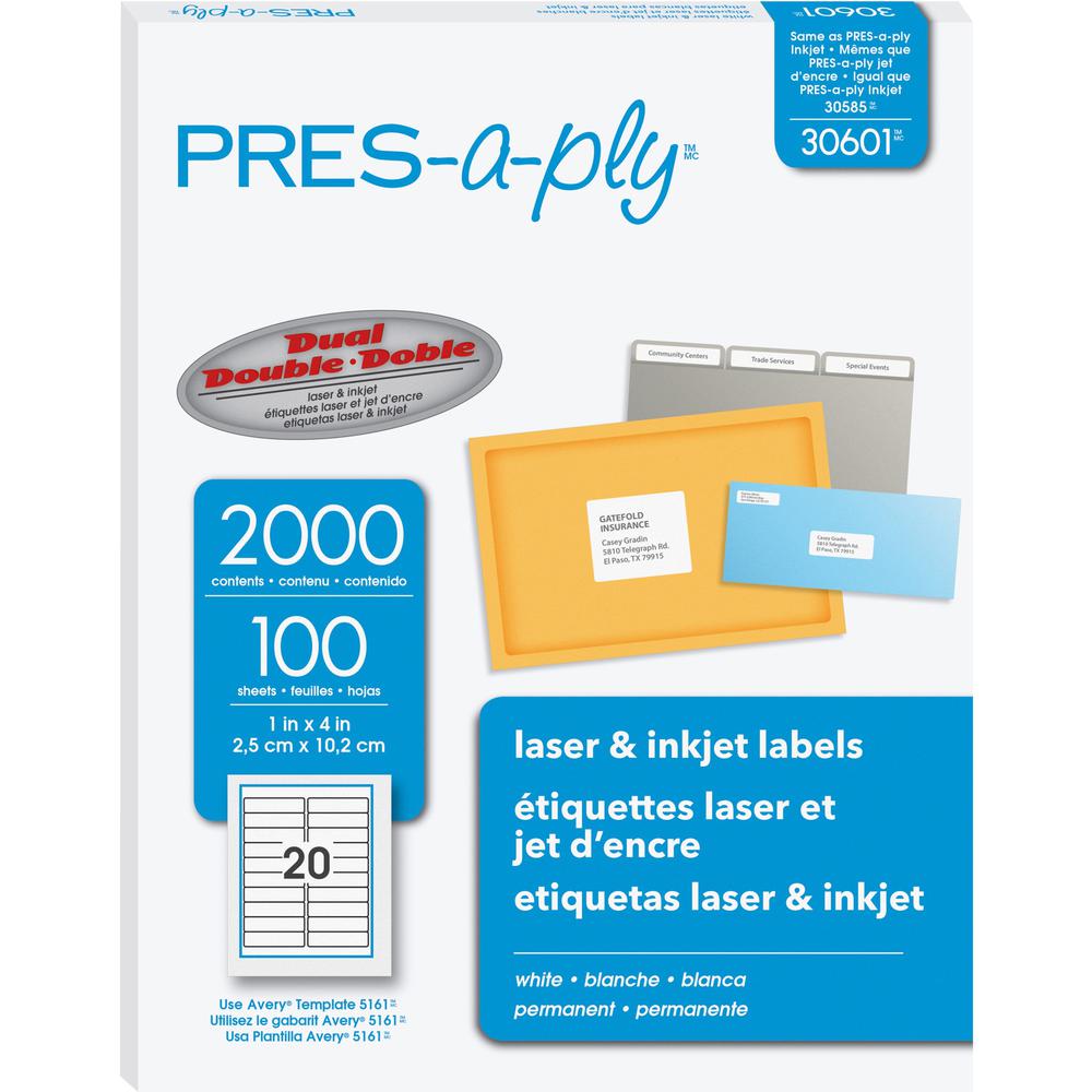 PRES-a-ply White Labels - 1" Width x 4" Length - Permanent Adhesive - Rectangle - Laser, Inkjet - White - Paper - 20 / Sheet - 100 Total Sheets - 2000 Total Label(s) - 2000 / Box. Picture 1