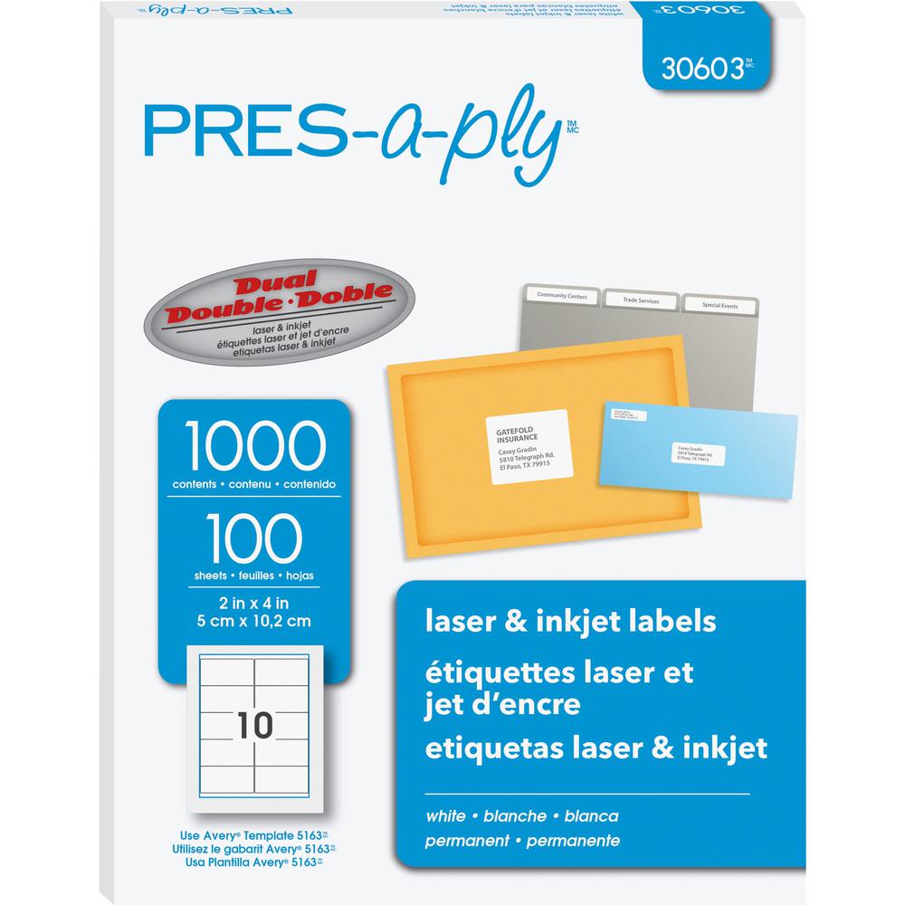 PRES-a-ply White Labels - 2" Width x 4" Length - Permanent Adhesive - Rectangle - Laser, Inkjet - White - Paper - 10 / Sheet - 100 Total Sheets - 1000 Total Label(s) - 1000 / Box. Picture 1