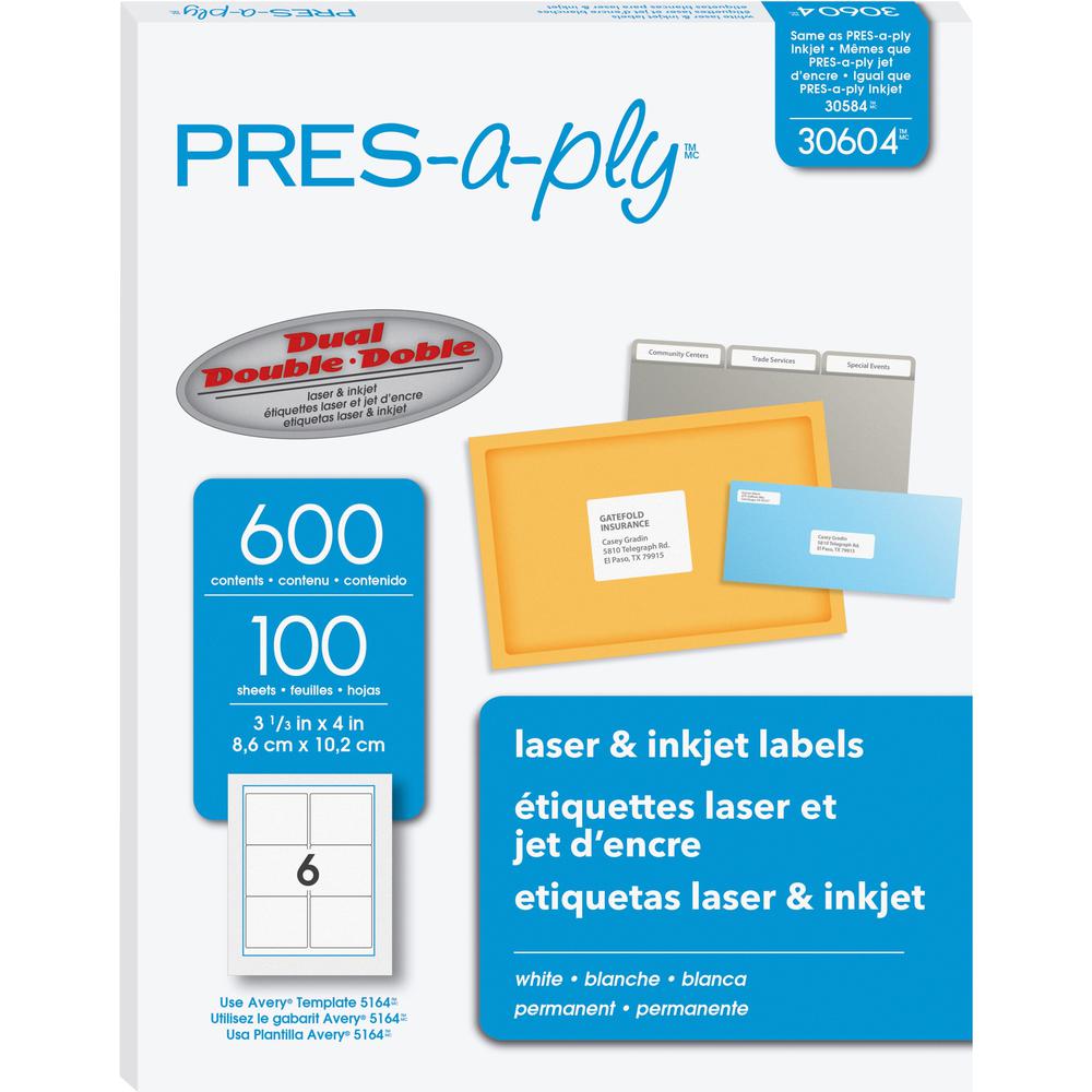 PRES-a-ply White Labels - 3 21/64" Width x 4" Length - Permanent Adhesive - Rectangle - Laser, Inkjet - White - Paper - 6 / Sheet - 100 Total Sheets - 600 Total Label(s) - 600 / Box. Picture 1