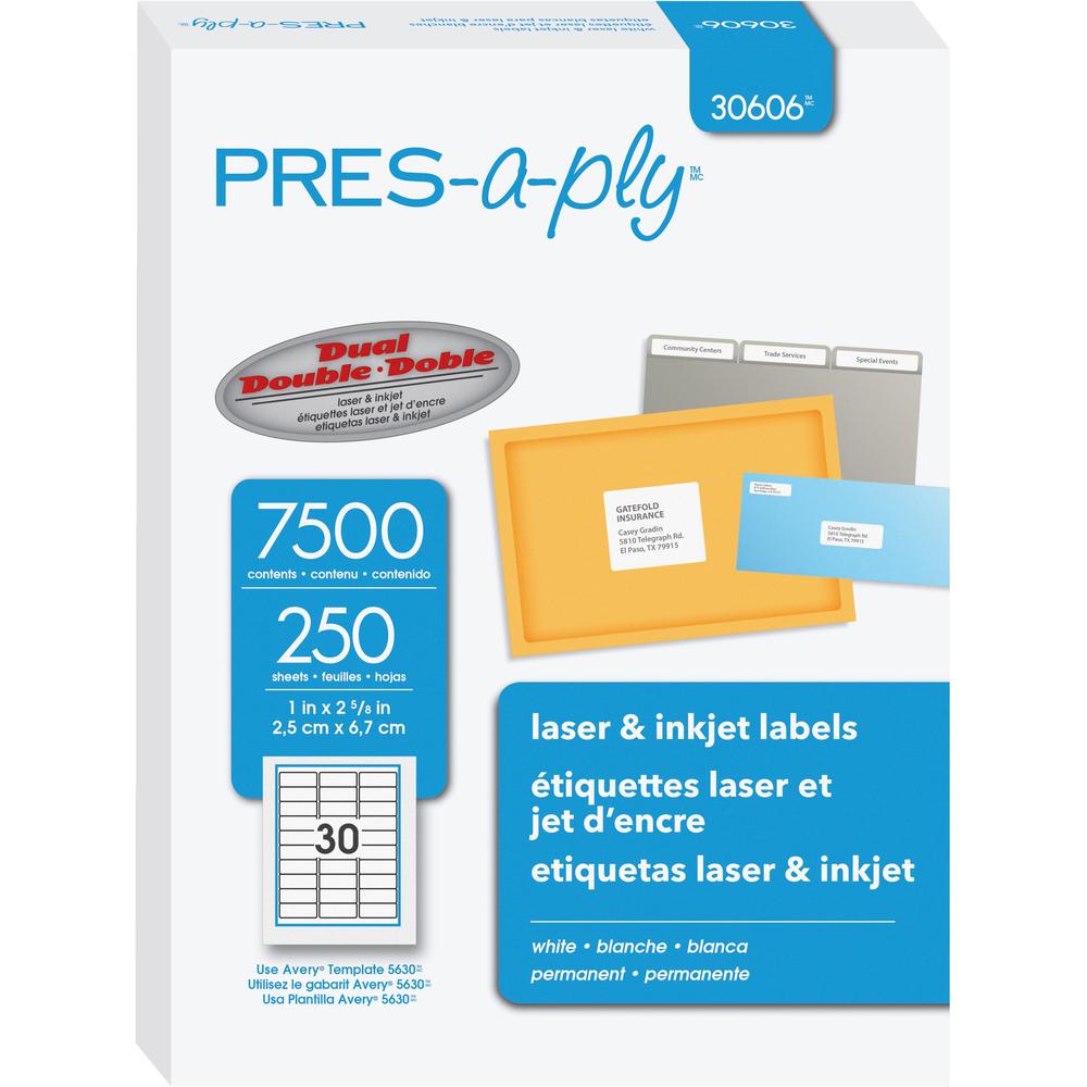 PRES-a-ply Labels - 1" Width x 2 5/8" Length - Permanent Adhesive - Rectangle - Laser, Inkjet - White - Paper - 30 / Sheet - 250 Total Sheets - 7500 Total Label(s) - 7500 / Box. The main picture.