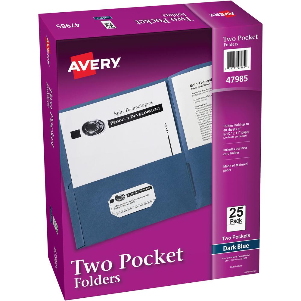 Avery&reg; Letter Pocket Folder - 8 1/2" x 11" - 40 Sheet Capacity - 2 Internal Pocket(s) - Embossed Paper - Dark Blue - 25 / Box. Picture 1