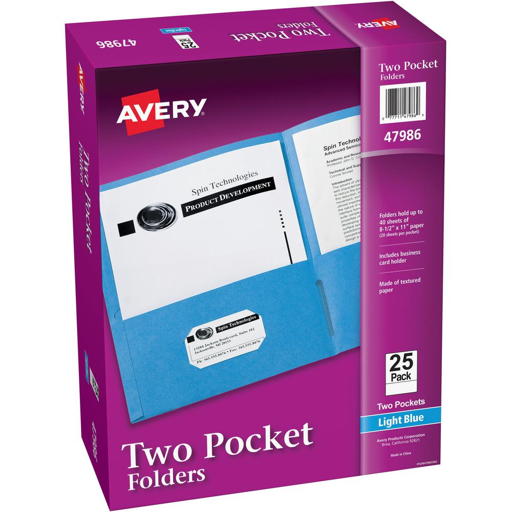 Avery&reg; Letter Pocket Folder - 8 1/2" x 11" - 40 Sheet Capacity - 2 Internal Pocket(s) - Embossed Paper - Light Blue - 25 / Box. Picture 1