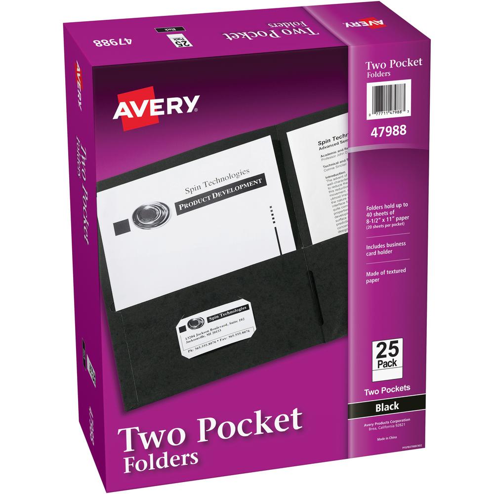 Avery&reg; Letter Pocket Folder - 8 1/2" x 11" - 40 Sheet Capacity - 2 Internal Pocket(s) - Embossed Paper - Black - 25 / Box. Picture 1
