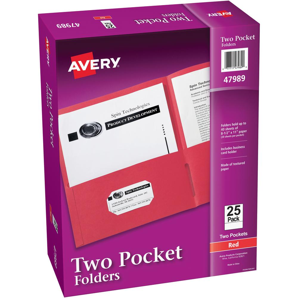 Avery&reg; Letter Pocket Folder - 8 1/2" x 11" - 40 Sheet Capacity - 2 Internal Pocket(s) - Embossed Paper - Red - 25 / Box. Picture 1