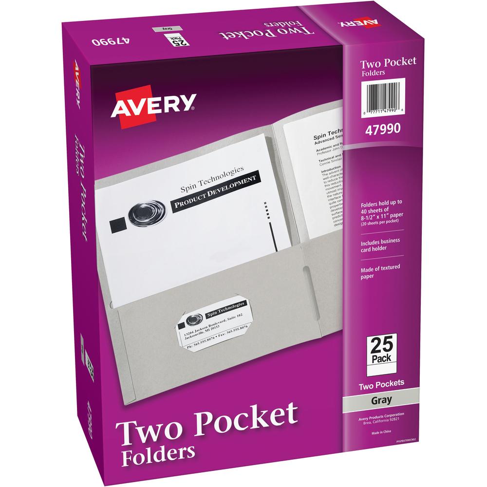 Avery&reg; Letter Pocket Folder - 8 1/2" x 11" - 40 Sheet Capacity - 2 Internal Pocket(s) - Embossed Paper - Gray - 25 / Box. The main picture.