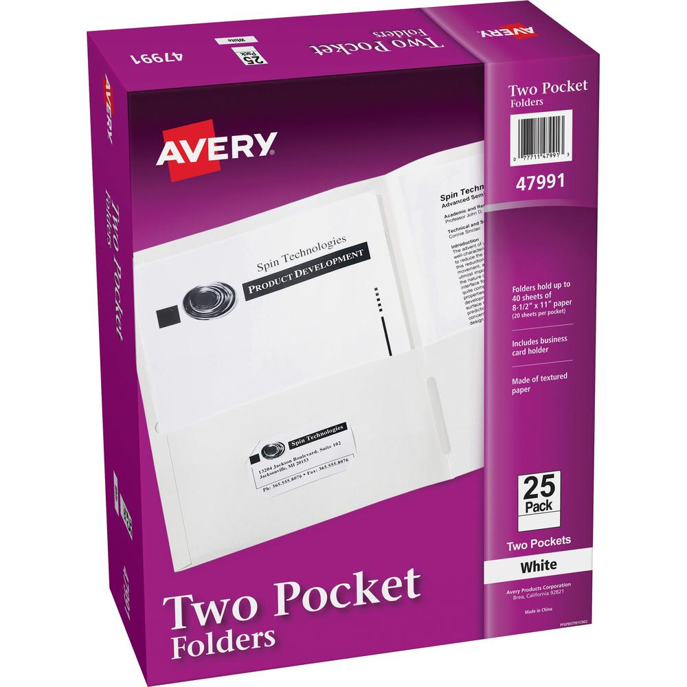 Avery&reg; Letter Pocket Folder - 8 1/2" x 11" - 40 Sheet Capacity - 2 Internal Pocket(s) - Embossed Paper - White - 25 / Box. Picture 1