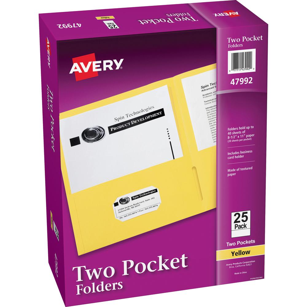 Avery&reg; Letter Pocket Folder - 8 1/2" x 11" - 40 Sheet Capacity - 2 Internal Pocket(s) - Embossed Paper - Yellow - 25 / Box. Picture 1