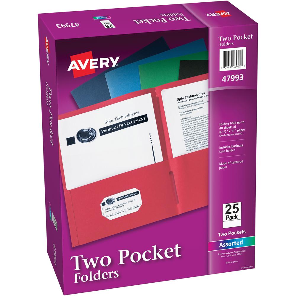 Avery&reg; Letter Pocket Folder - 8 1/2" x 11" - 40 Sheet Capacity - 2 Internal Pocket(s) - Embossed Paper - Assorted - 25 / Box. The main picture.