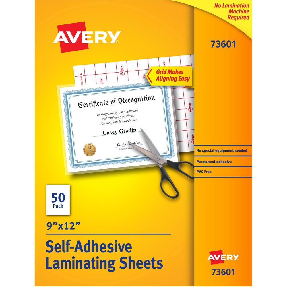 Avery&reg; Self-Adhesive Lamination - Laminating Pouch/Sheet Size: 9" Width x 12" Length - for Certificate - Self-adhesive, Photo-safe, Self-adhesive - Clear - 50 / Box. Picture 1