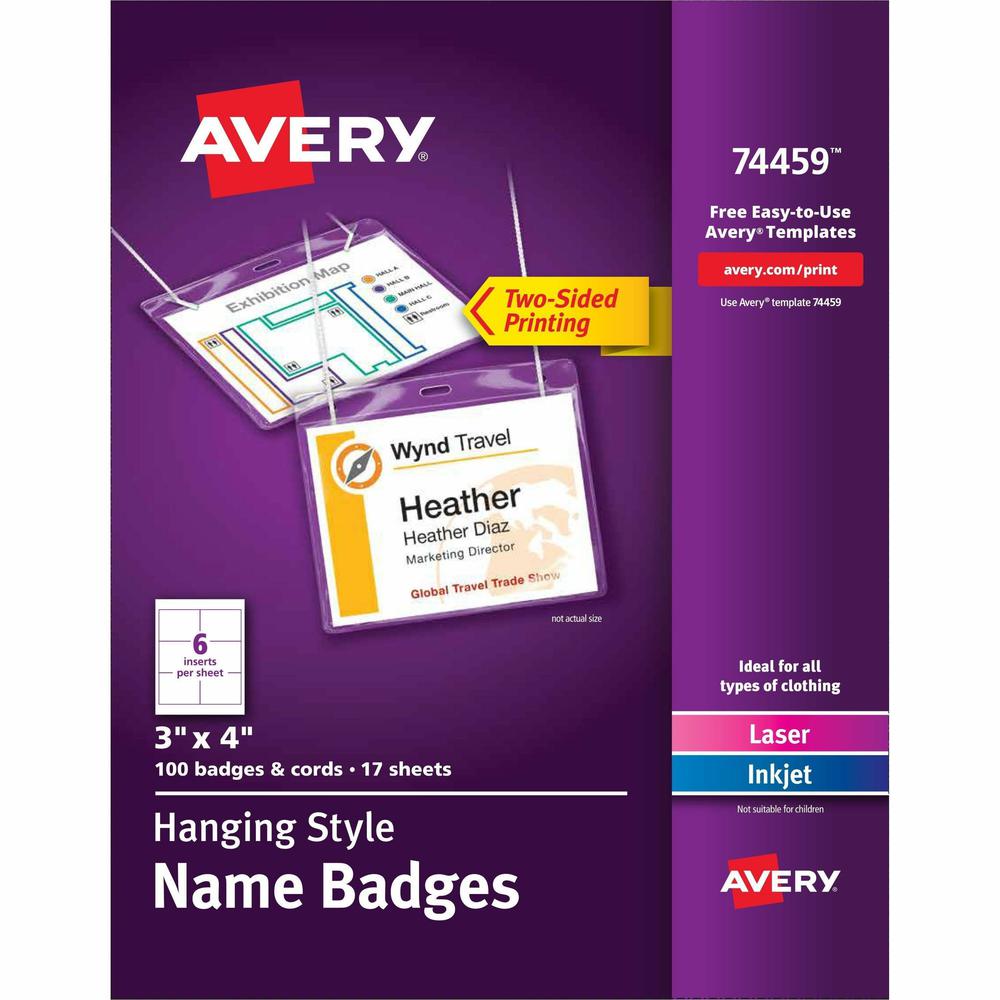 Avery Hanging-Style Name Badges - Letter - 8 1/2" x 11" - 100 / Box - Printable, Durable, Micro Perforated, PVC-free, Double-sided, Smudge-free - White. Picture 1