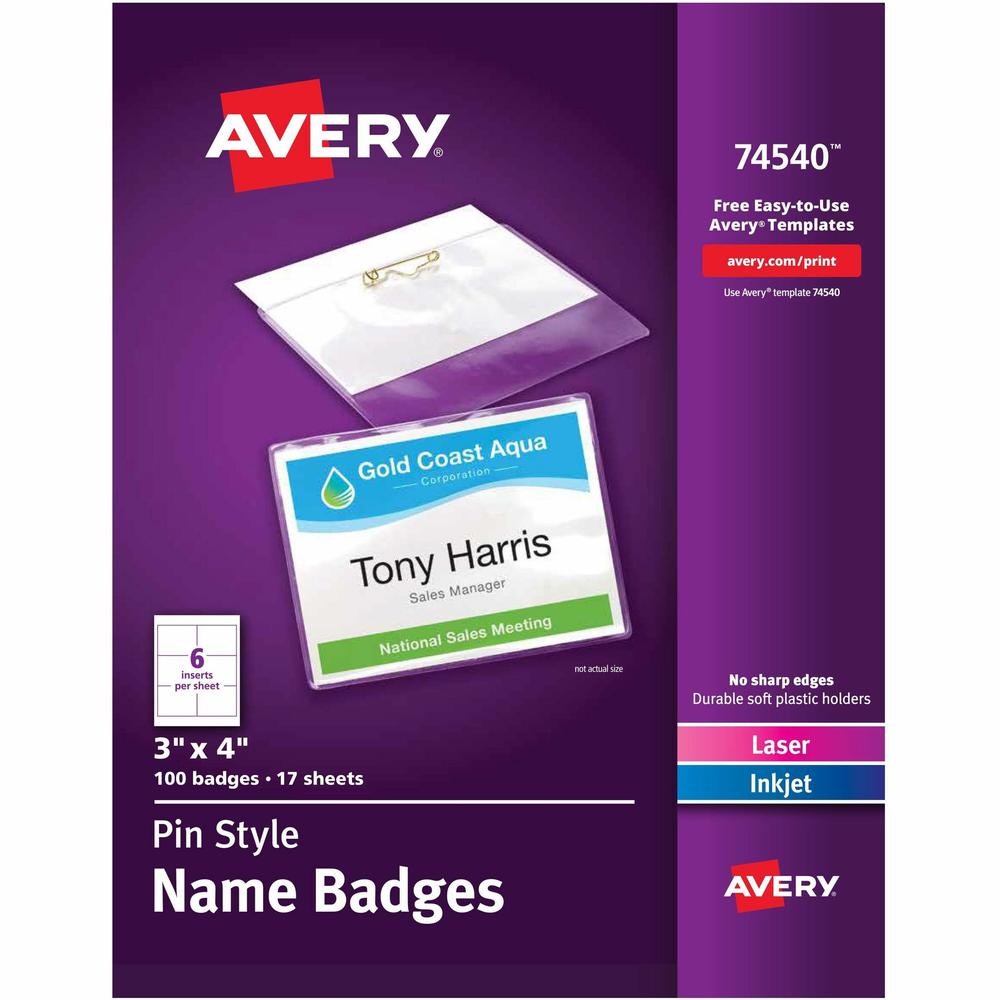 Avery&reg; Pin-Style Name Badges - 100 / Box - Clear, White. Picture 1