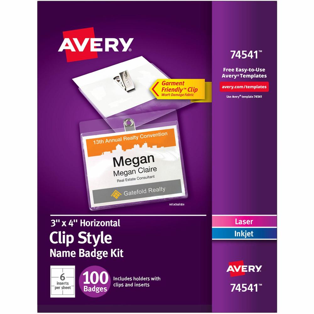 Avery&reg; Clip-Style Name Badges - 4" x 3" - 100 / Box - Clip - White, Clear. Picture 1