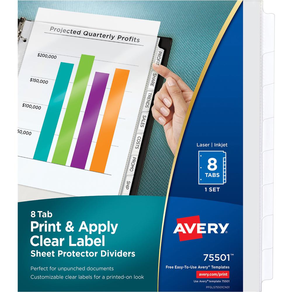 Avery&reg; Print & Apply Sheet Protector Dividers - 8 x Divider(s) - 8 - 8 Tab(s)/Set - 8.5" Divider Width x 11" Divider Length - 3 Hole Punched - Clear Plastic Divider - Clear Plastic Tab(s) - 1. The main picture.