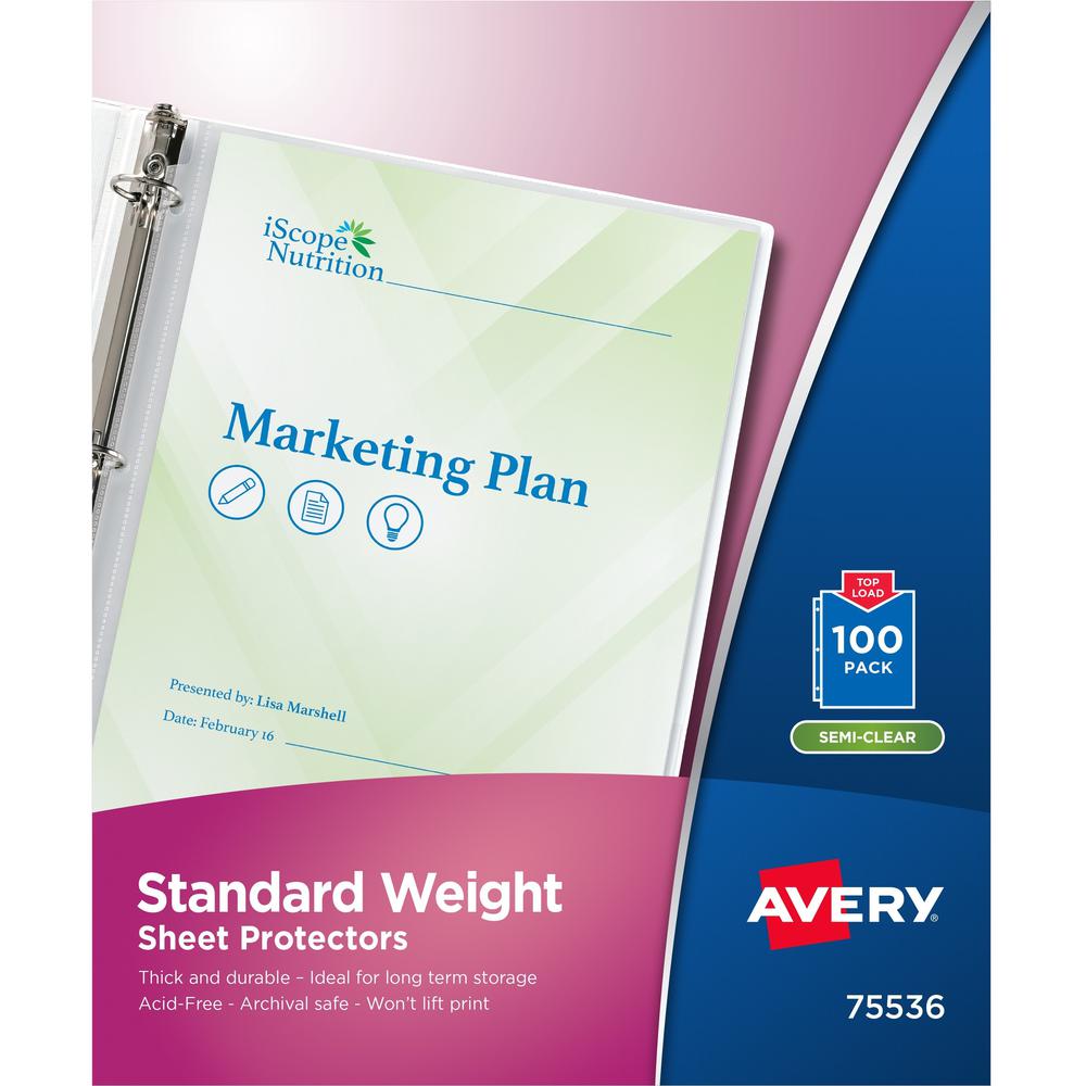 Avery&reg; Standard Weight Sheet Protectors - Sheet Capacity - For Letter 8 1/2" x 11" Sheet - Ring Binder - Top Loading - Clear - Polypropylene - 100 / Box. The main picture.