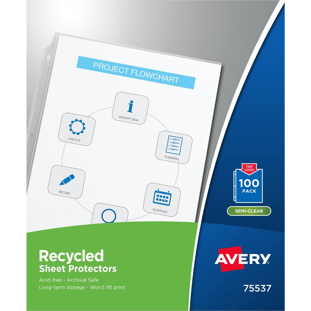 Avery&reg; Economy Recycled Sheet Protectors - Acid-free, Archival-Safe, Top-Loading - For Letter 8 1/2" x 11" Sheet - 3 x Holes - Ring Binder - Top Loading - Semi Clear - Polypropylene - 100 / Box. The main picture.