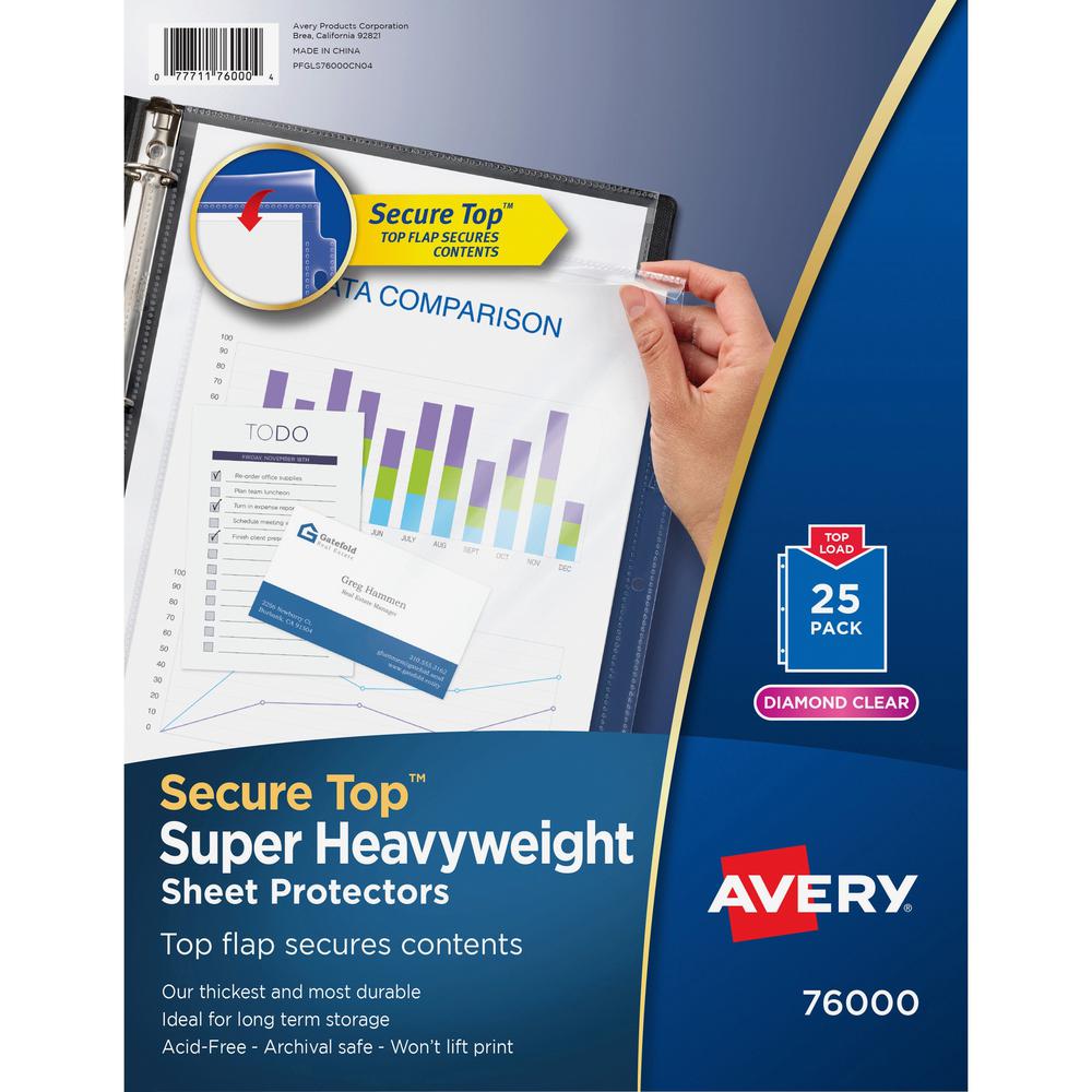 Avery&reg; Secure Top Sheet Protectors - For Letter 8 1/2" x 11" Sheet - 3 x Holes - Ring Binder - Top Loading - Clear - Polypropylene - 25 / Pack. The main picture.