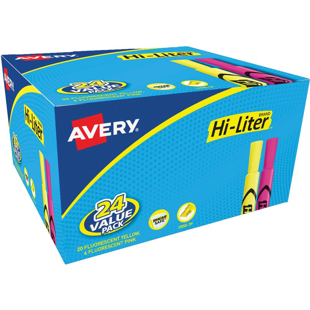 Avery&reg; Hi-Liter Desk-Style Highlighters - SmearSafe - Chisel Marker Point Style - Fluorescent Yellow, Fluorescent Pink Water Based Ink - 24 / Box. The main picture.