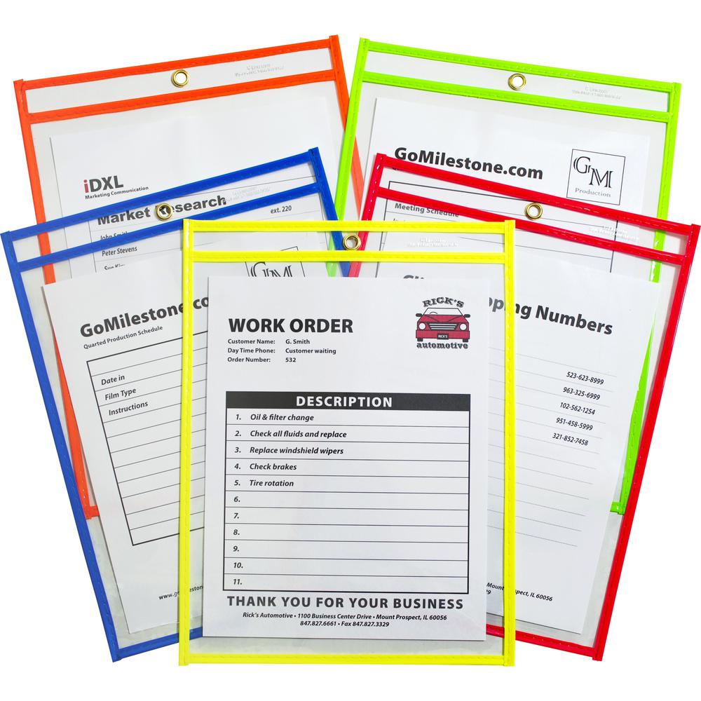 C-Line Neon Shop Ticket Holders, Stitched - Assorted, 5 Colors, Both Sides Clear, 9 x 12, 25/BX, 43910. Picture 1
