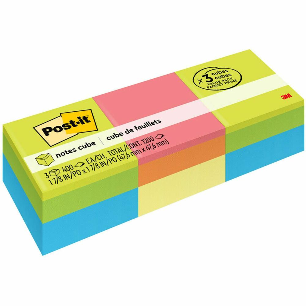 Post-it&reg; Notes Cube - 1200 - 2" x 2" - Square - 400 Sheets per Pad - Unruled - Acid Lime, Limeade, Blue Paradise, Guava, Vital Orange, Canary Yellow - Paper - Repositionable, Self-adhesive - 3 / P. Picture 1