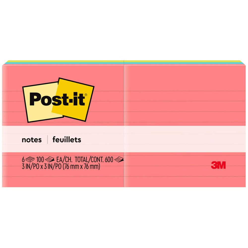 Post-it&reg; Lined Notes - Poptimistic Color Collection - 600 - 3" x 3" - Square - 100 Sheets per Pad - Ruled - Pink, Blue, Green - Paper - Self-adhesive, Repositionable - 6 / Pack. Picture 1