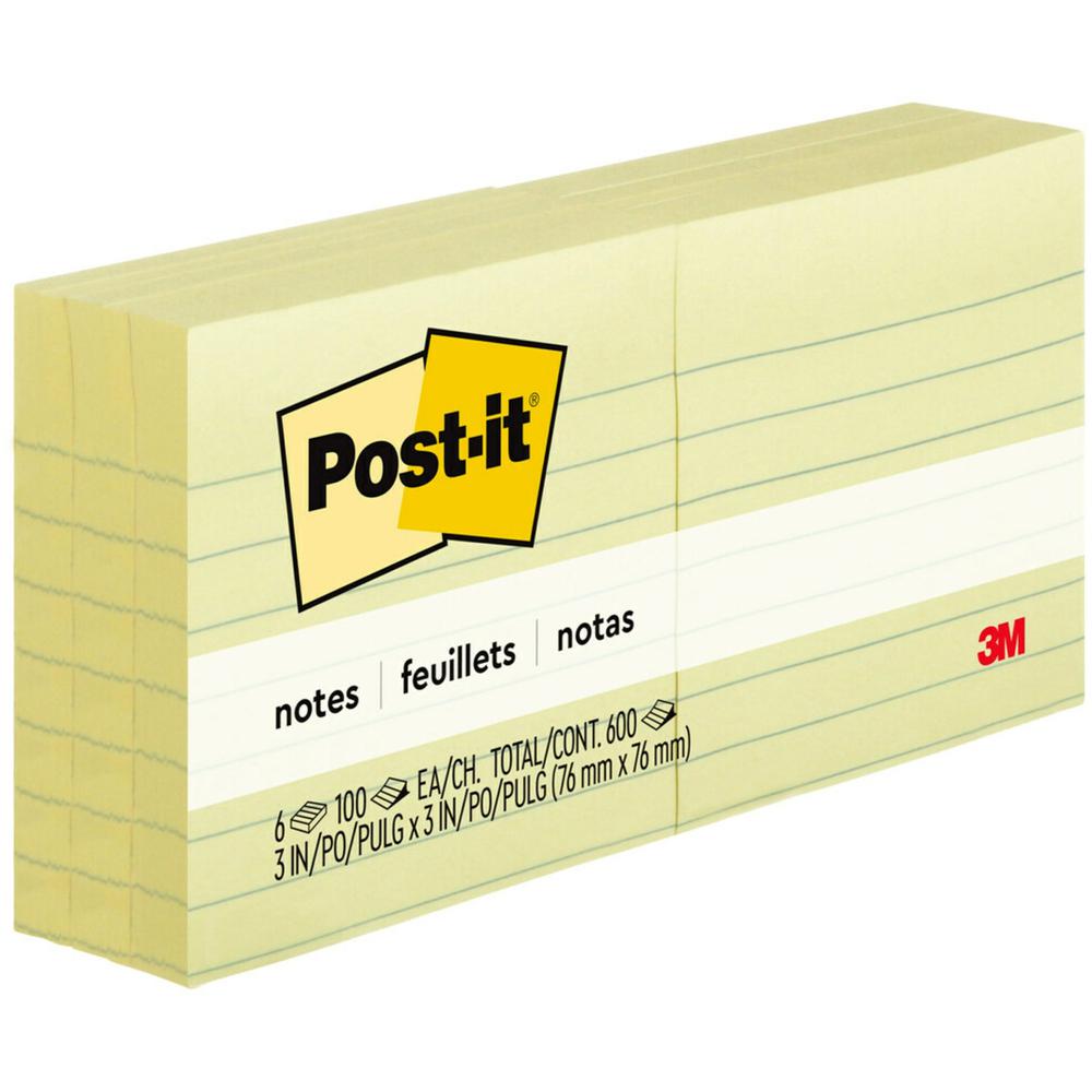 Post-it&reg; Notes Original Lined Notepads - 600 x Canary Yellow - 3" x 3" - Square - 100 Sheets per Pad - Ruled - Canary Yellow - Paper - Self-adhesive, Repositionable, Removable - 6 / Pack. The main picture.