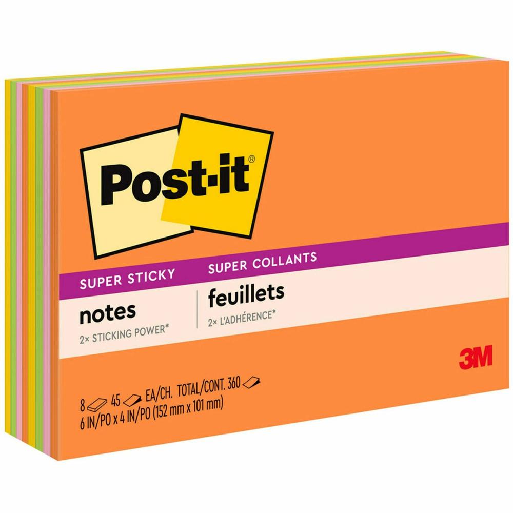 Post-it&reg; Super Stick Notes - Energy Boost Color Collection - 360 - 6" x 4" - Rectangle - 45 Sheets per Pad - Unruled - Vital Orange, Limeade, Tropical Pink, Sunnyside - Paper - Self-adhesive - 8 /. Picture 1