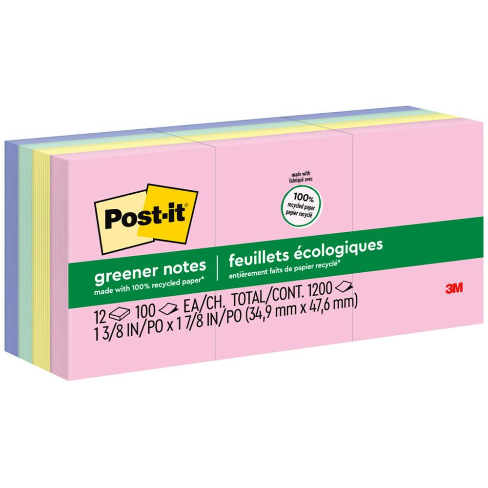 Post-it&reg; Greener Notes - 1200 - 1 1/2" x 2" - Rectangle - 100 Sheets per Pad - Unruled - Positively Pink, Canary Yellow, Fresh Mint, Moonstone - Paper - Self-adhesive, Repositionable - 12 / Pack -. Picture 1