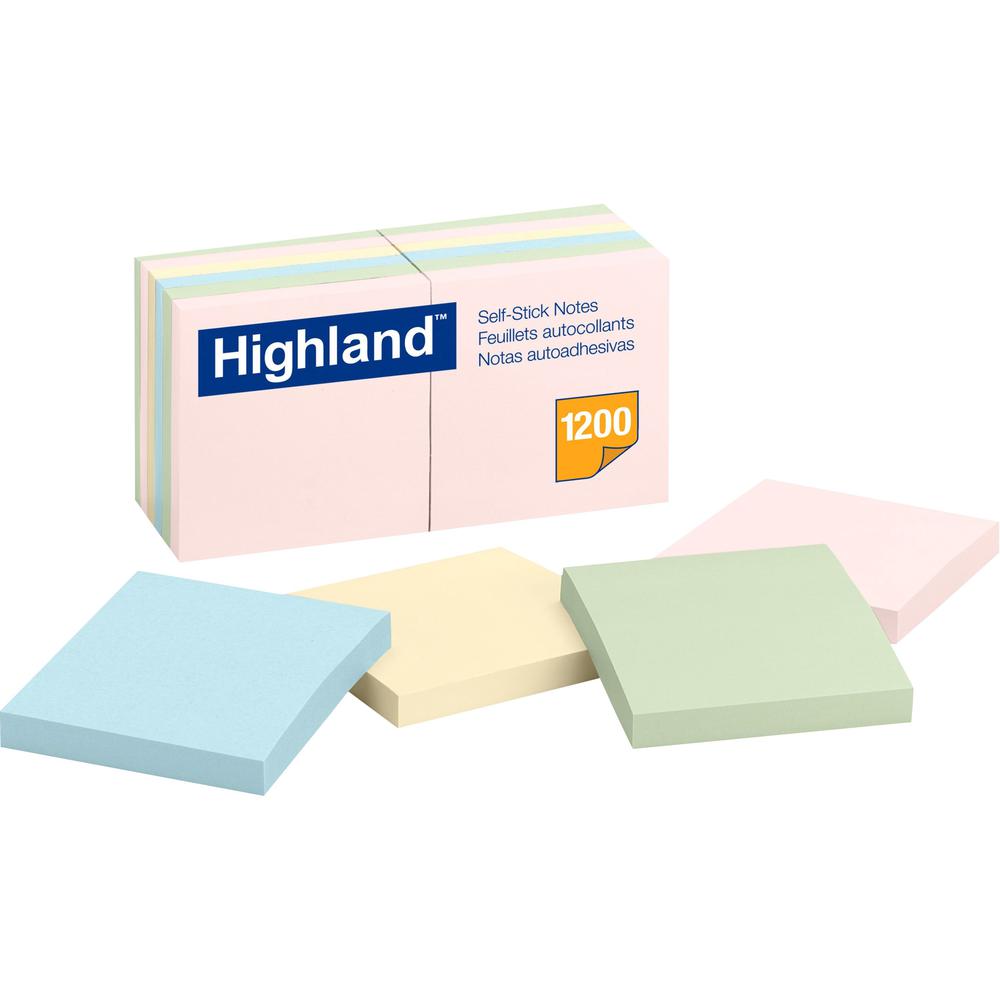 Highland Self-Sticking Notepads - 1200 - 3" x 3" - Square - 100 Sheets per Pad - Unruled - Assorted Pastel - Paper - Self-adhesive, Repositionable, Removable - 12 / Pack. Picture 1