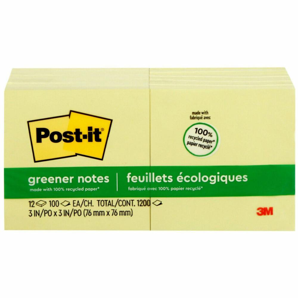 Post-it&reg; Greener Notes - 1200 - 3" x 3" - Square - 100 Sheets per Pad - Unruled - Canary Yellow - Paper - Self-adhesive, Repositionable - 216 / Pack - Recycled. Picture 1