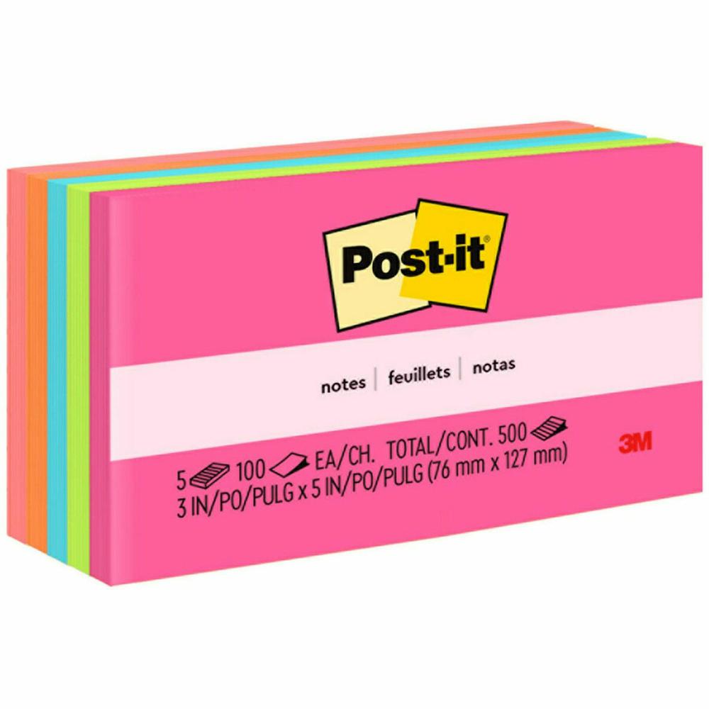 Post-it&reg; Notes Original Notepads - Poptimistic Color Collection - 500 - 3" x 5" - Rectangle - 100 Sheets per Pad - Unruled - Power Pink, Acid Lime, Vital Orange, Aqua Splash, Guava - Paper - Self-. Picture 1