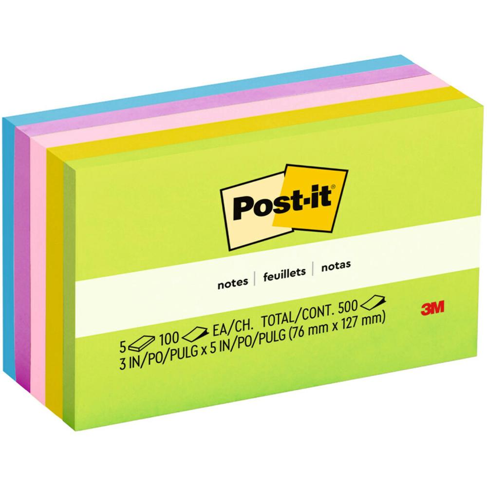 Post-it&reg; Notes Original Notepads - Floral Fantasy Color Collection - 500 - 3" x 5" - Rectangle - 100 Sheets per Pad - Unruled - Limeade, Citron, Positively Pink, Iris Infusion, Blue Paradise - Pap. Picture 1