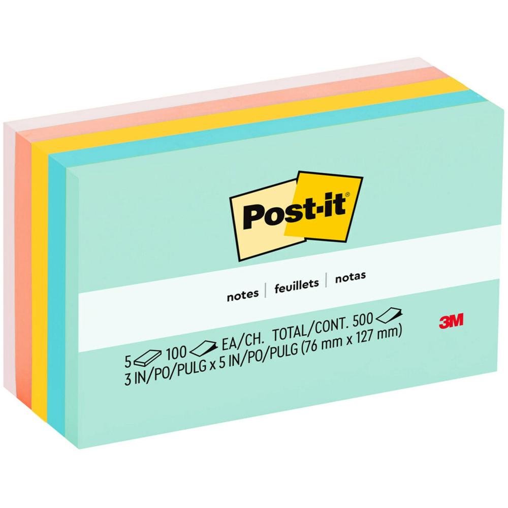 Post-it&reg; Notes Original Notepads - Marseille Color Collection - 500 - 3" x 5" - Rectangle - 100 Sheets per Pad - Unruled - Assorted - Paper - Self-adhesive, Repositionable - 5 / Pack. The main picture.