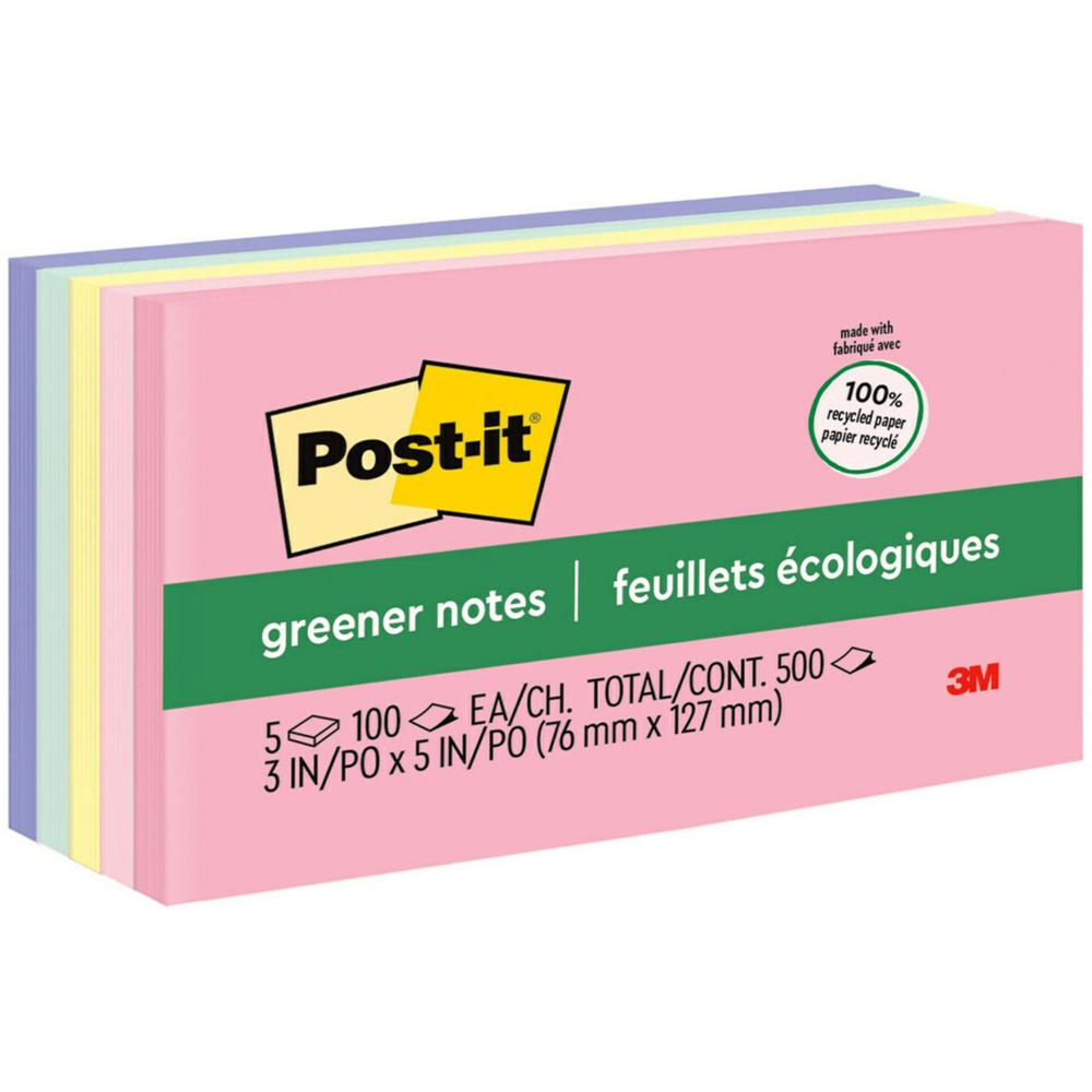 Post-it&reg; Greener Notes - Sweet Sprinkles Color Collection - 500 - 3" x 5" - Rectangle - 100 Sheets per Pad - Unruled - Positively Pink, Pink Salt, Canary Yellow, Fresh Mint, Moonstone - Paper - Se. Picture 1