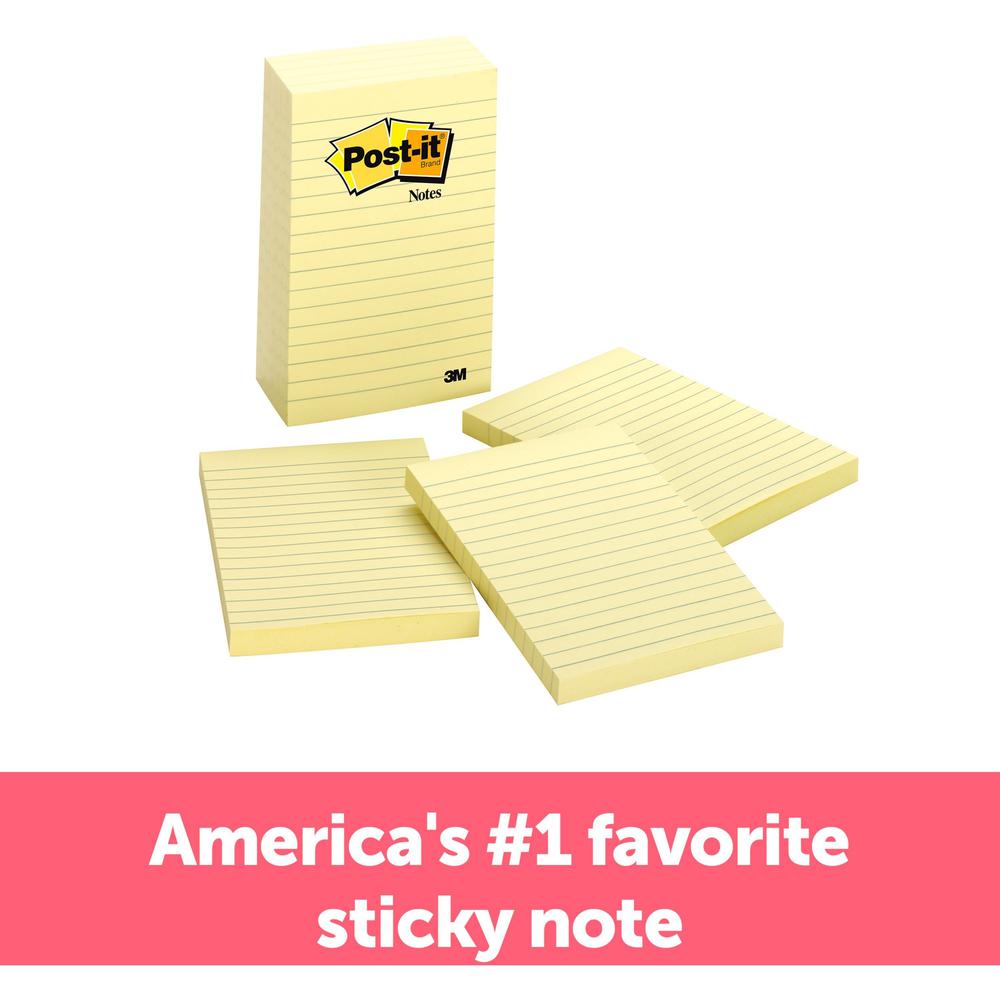 Post-it&reg; Lined Notes - 500 - 4" x 6" - Rectangle - 100 Sheets per Pad - Ruled - Yellow - Paper - Self-adhesive, Repositionable - 5 / Pack. Picture 1