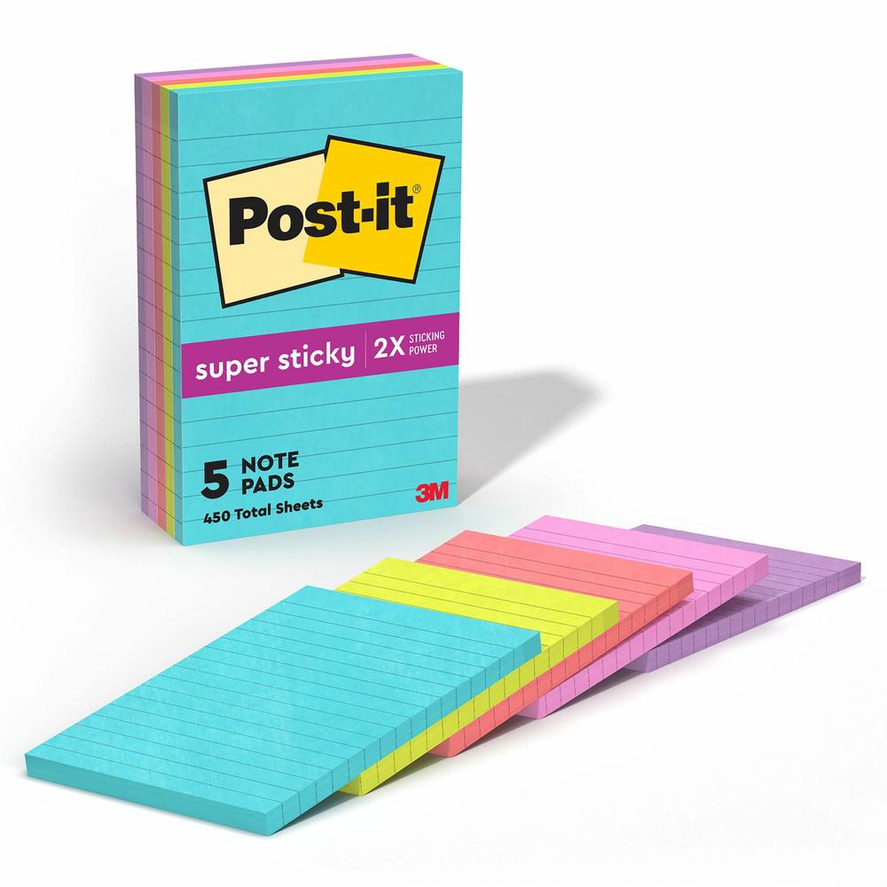Post-it&reg; Super Sticky Lined Notes - 450 - 4" x 6" - Rectangle - 90 Sheets per Pad - Ruled - Canary Yellow - Paper - Self-adhesive - 5 / Pack. Picture 1
