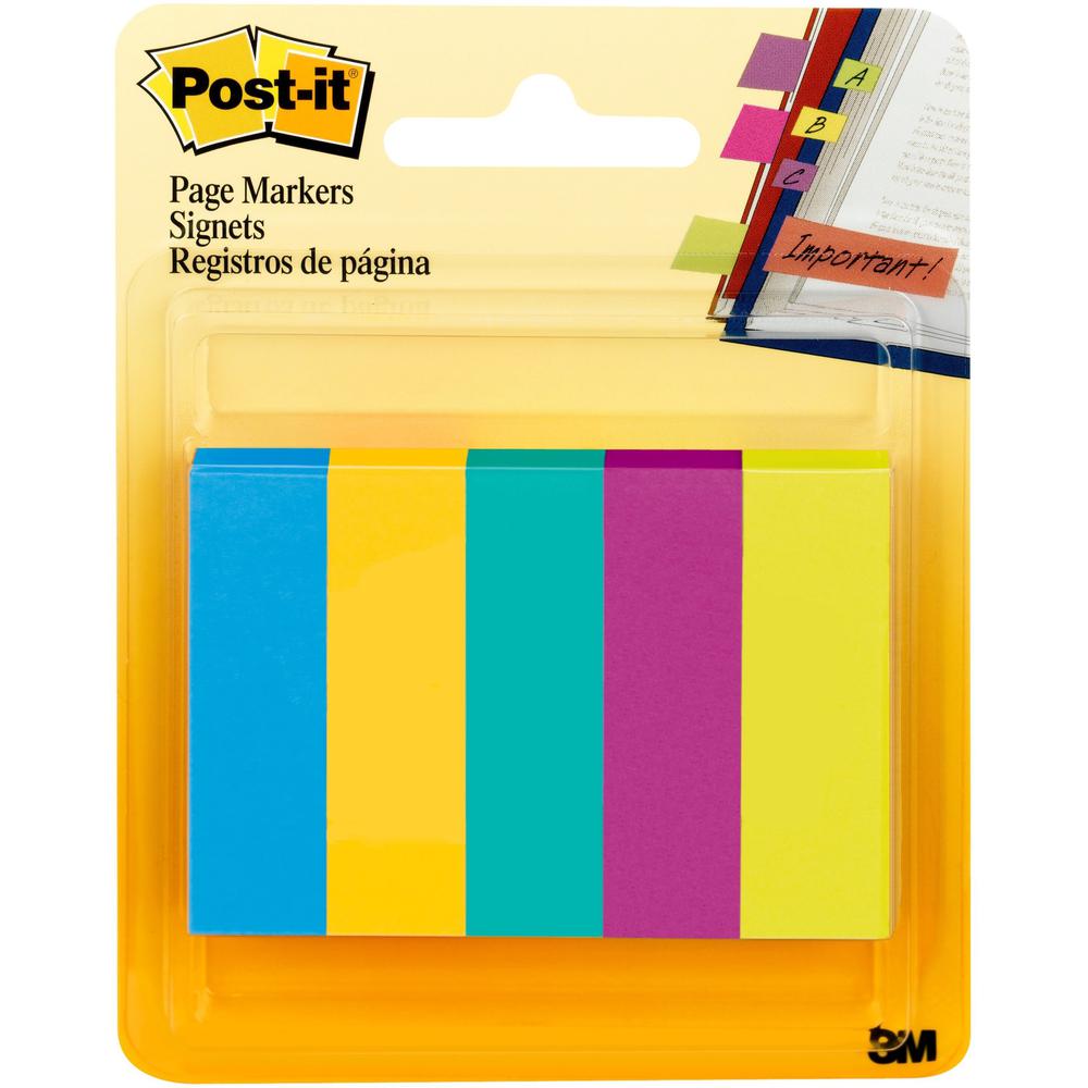 Post-it&reg; Page Markers - 100 - 1/2" x 2" - Rectangle - Unruled - Electric Blue, Yellow, Aqua Wave, Light Mulberry, Neon Green - Paper - Removable, Self-adhesive - 500 / Pack. Picture 1