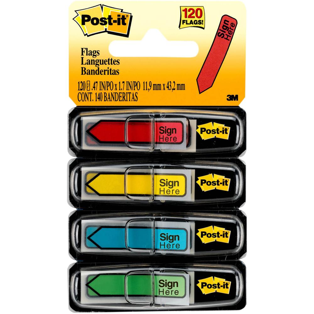 Post-it&reg; Message Flags - 30 x Yellow, 30 x Blue, 30 x Red, 30 x Green - 1/2" x 1 3/4" - Rectangle, Arrow - Unruled - "SIGN HERE" - Blue, Red, Green, Yellow, Assorted - Removable, Self-adhesive - 1. Picture 1