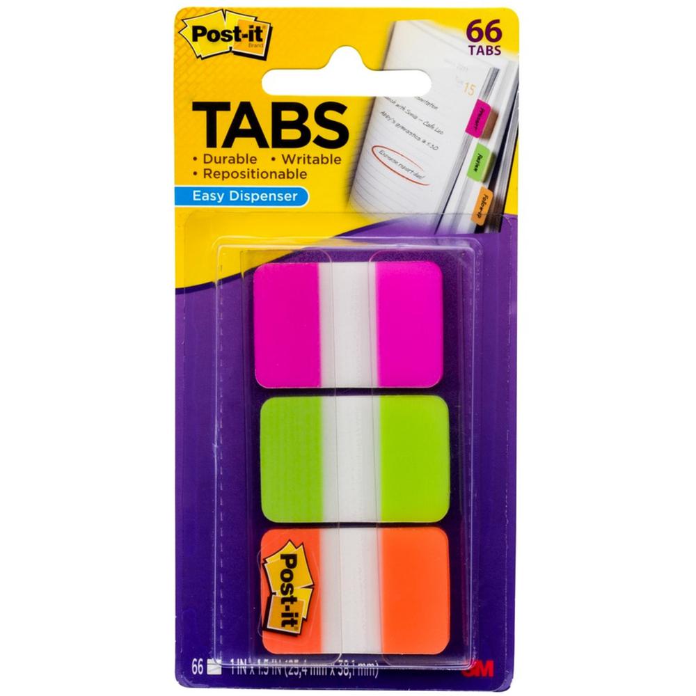 Post-it&reg; Durable Tabs - 1.50" Tab Height x 1" Tab Width - Removable - Pink, Purple, Orange, Semi-transparent Tab(s) - Wear Resistant, Tear Resistant, Durable, Repositionable, Writable, Removable, . Picture 1