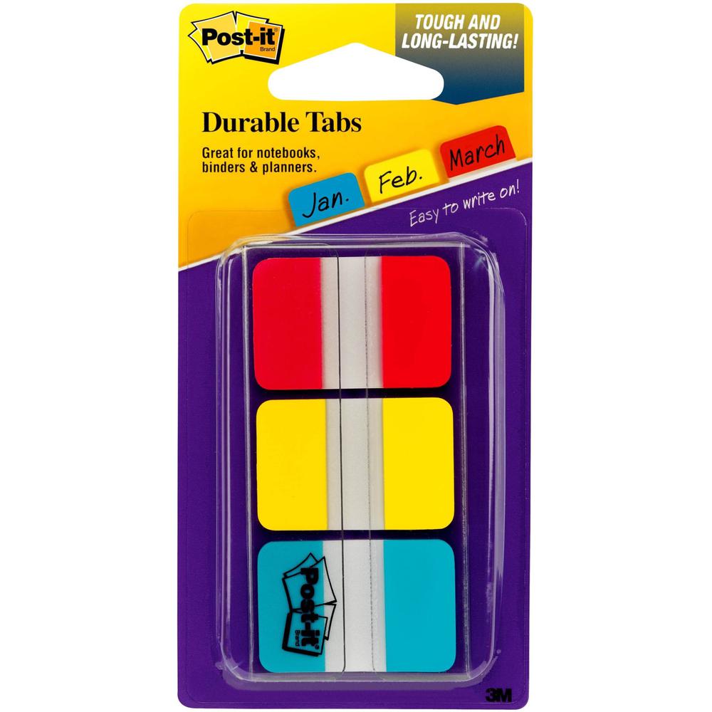 Post-it&reg; Durable Tabs - Write-on Tab(s) - 0.98" Tab Height x 1" Tab Width - Self-adhesive, Removable - Red, Yellow, Blue, Neon Tab(s) - Wear Resistant, Tear Resistant, Durable, Writable, Repositio. Picture 1
