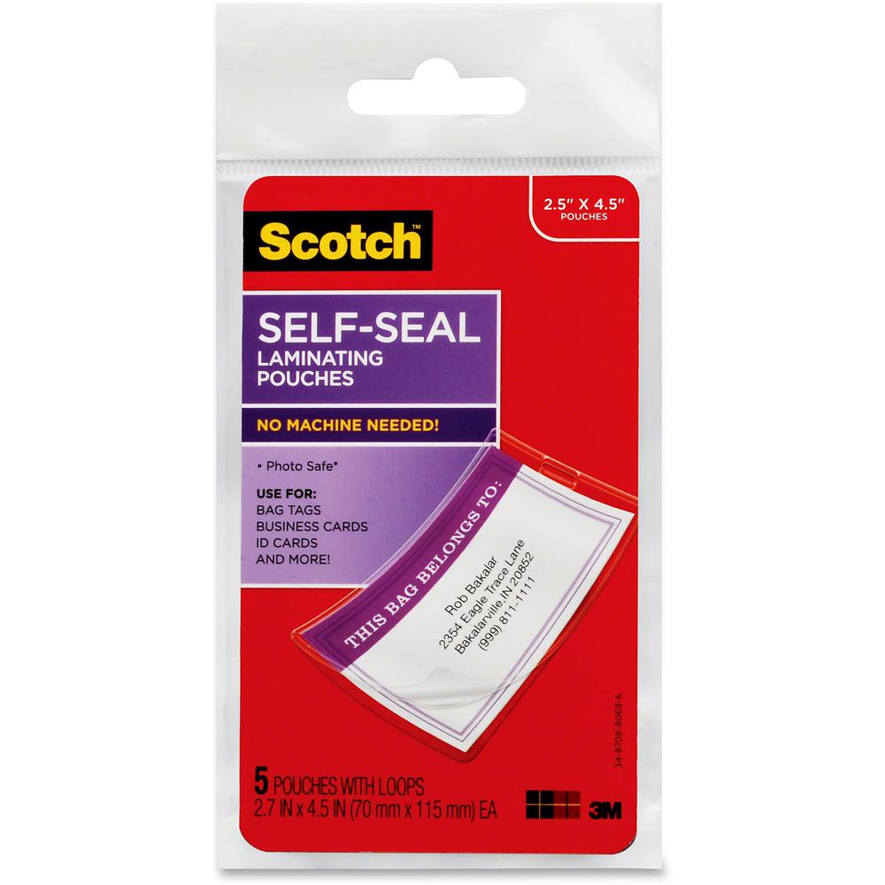 Scotch Self-Sealing Laminating Glossy Tag Pouches - Laminating Pouch/Sheet Size: 2.70" Width x 4.50" Length x 12.50 mil Thickness - Thick Gloss - for Luggage Tag, Lists, Photo, Coupon, Punch Card - Ac. Picture 1
